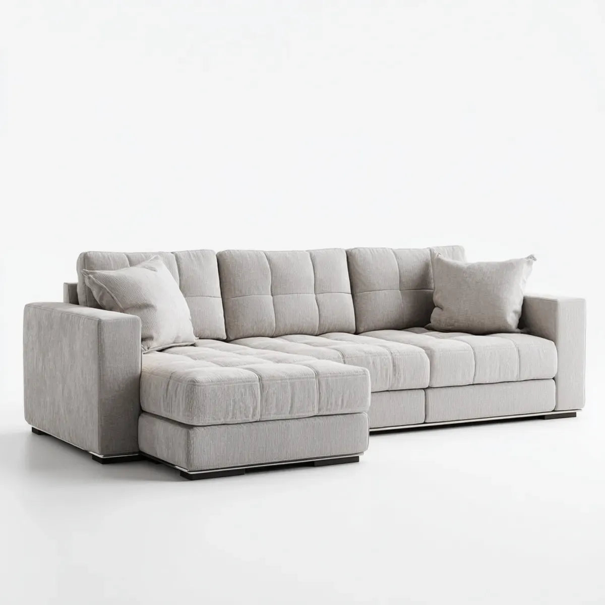 Canapé d’angle 4 places gris clair avec méridienne gauche en polyester 290 x 170 x 85 cm