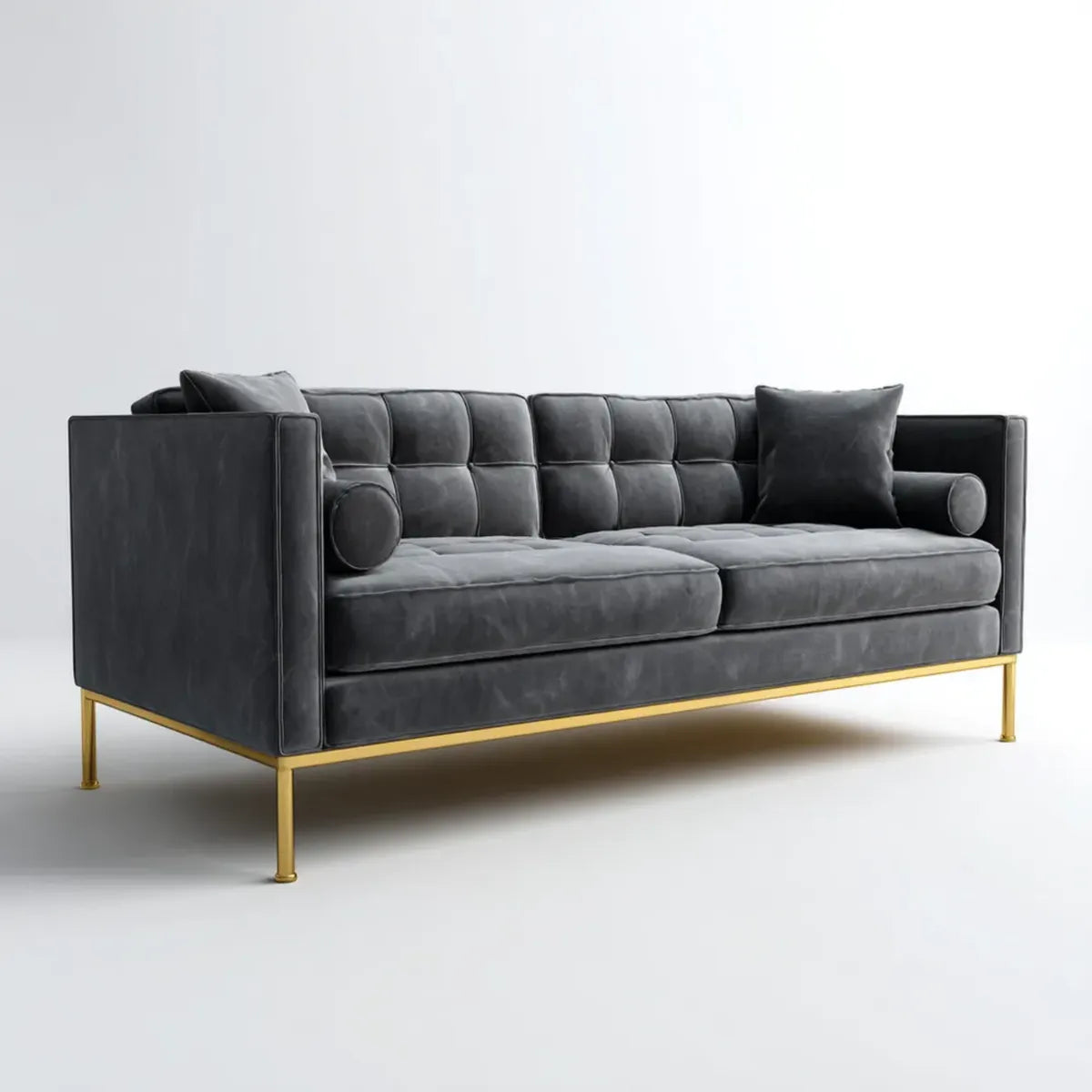 Canapé droit 3 places gris anthracite en velours polyester avec pieds dorés 220 x 90 x 85 cm