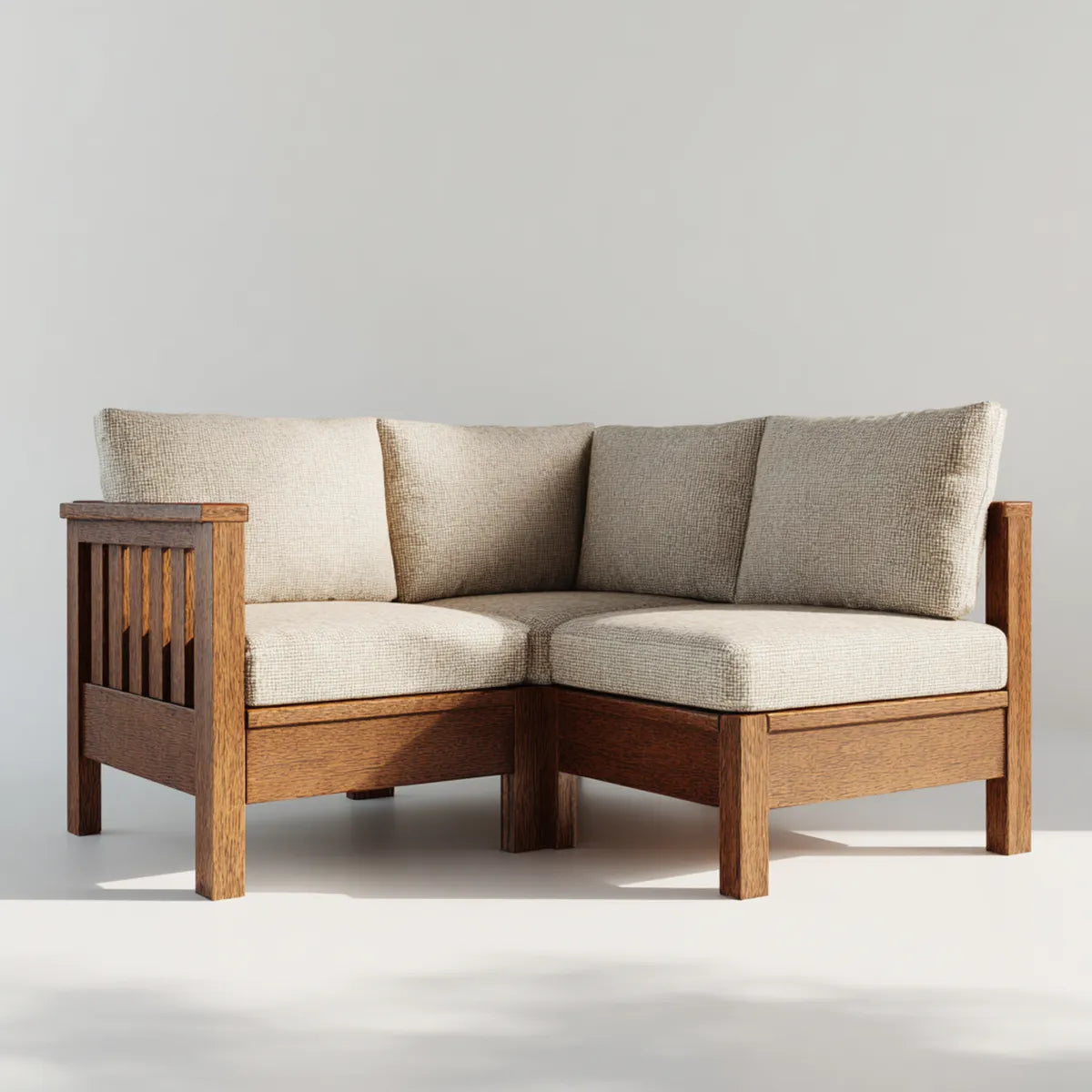 Canapé d'angle 2 places beige et marron 150 x 150 x 82 cm en polyester et chêne massif forme L