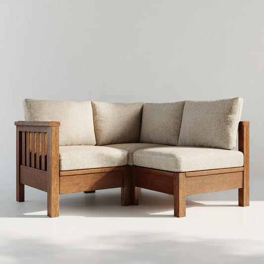 Canapé d'angle 2 places beige et marron 150 x 150 x 82 cm en polyester et chêne massif forme L